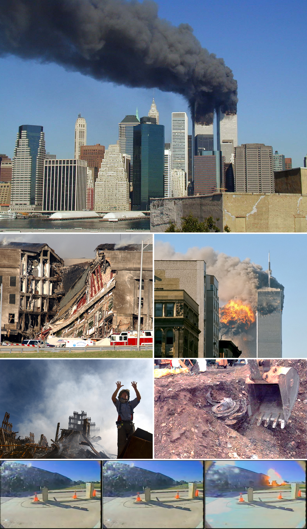 11 septembre Montage photo avec des photos des tours jumelles juste après que des avions ont heurté d'autres lieux, démoli d'autres lieux, donné des directives par le premier intervenant et creusant des pelles dans le cadre de la démolition