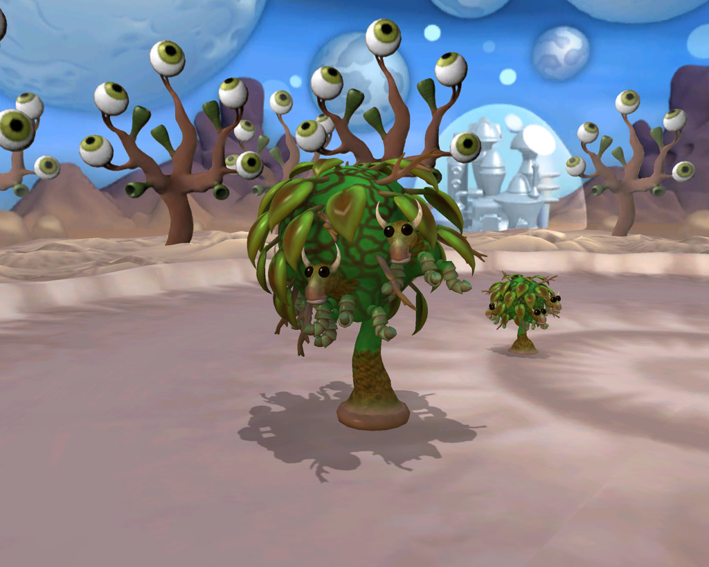 Screen shot of a game showing trees with cartoonish eyeballs on the branches and cows up in the trees. The photo title is "Behold the Beef Bush" and the scene was created for a Gamespy contest.