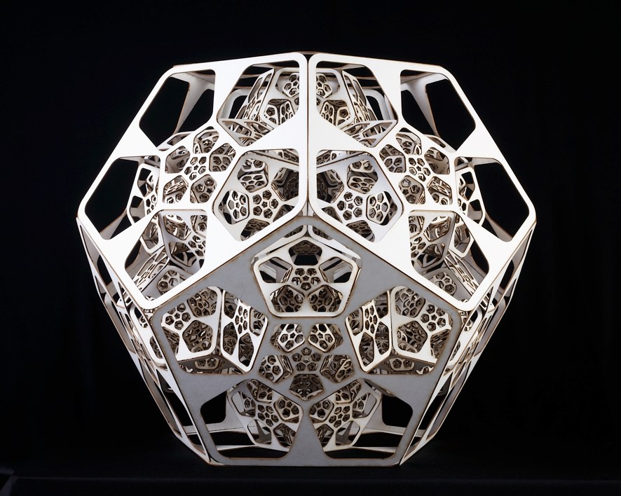 The piece is based on a recursion of pentagon shape forming after folding a Pentagonal dodecahedron
