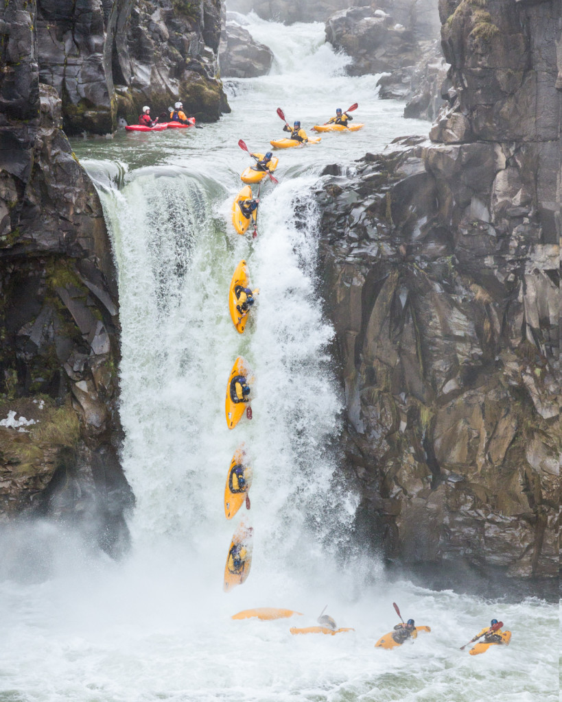 Action sequence showing a kayak going over a waterfall. The photo includes eight or so frames superimposed.