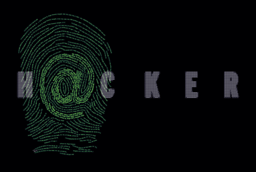 The word "hacker" is spelled out against a black background. The "at" symbol is used in place of the letter "a," and a large faint thumb print resembles the shape of a human head.