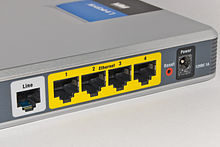 Connections on an ADSL Modem Router (From Left: ADSL line, Etherenet ports, Reset Button, Power input.)