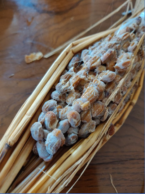 a tied bundle of dried rice stalks placed on a table with natto beans inside