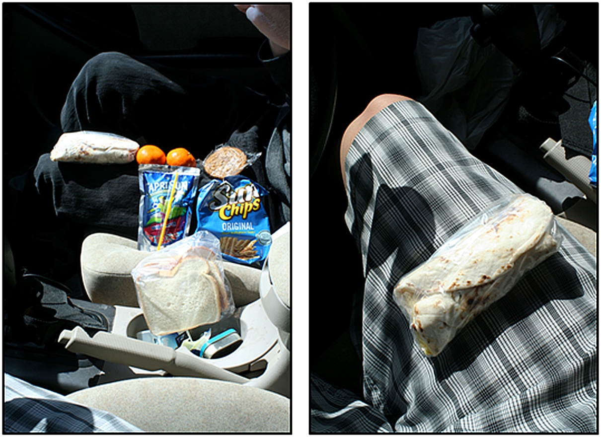 left: a sandwich, chips, and a drink between two seats of a car; right; a burrito sitting on a person's leg in a car