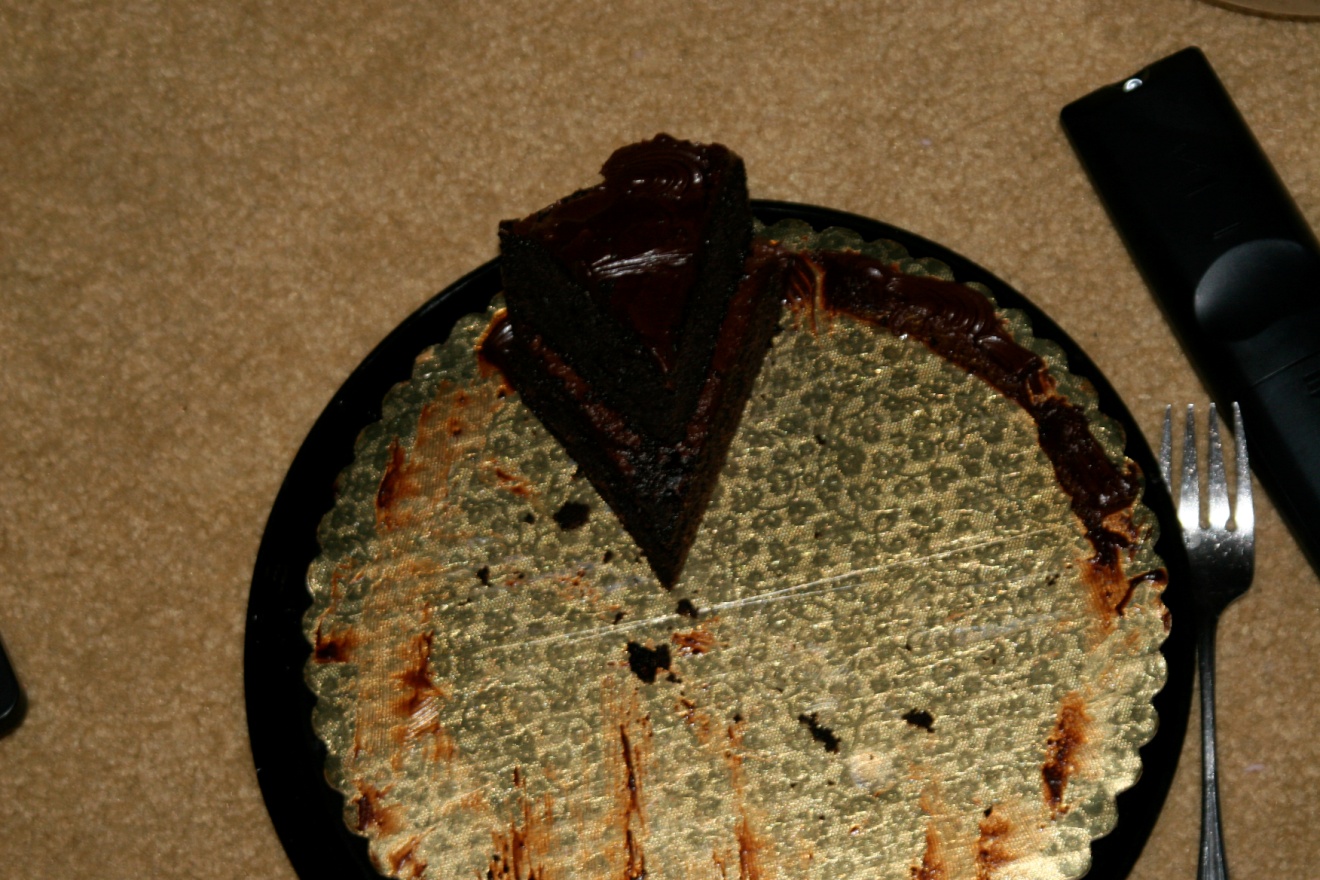 a single piece of chocolate cake sitting on a cake plate