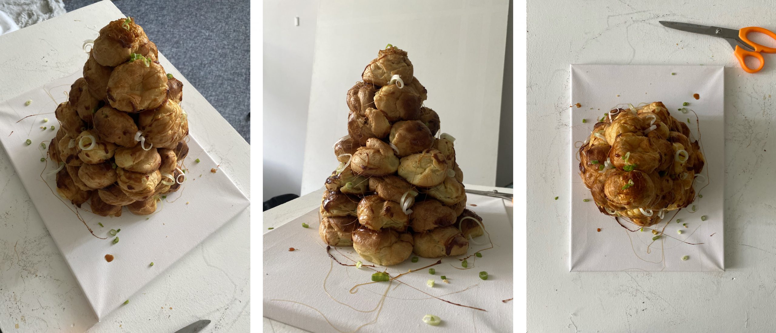 three angles on the savoury croquembouche, in its whole form, made by the artist