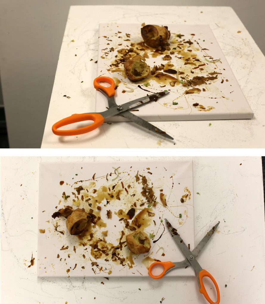 two photos of the remnants of the croquembouche, with scissors, on a gallery plinth