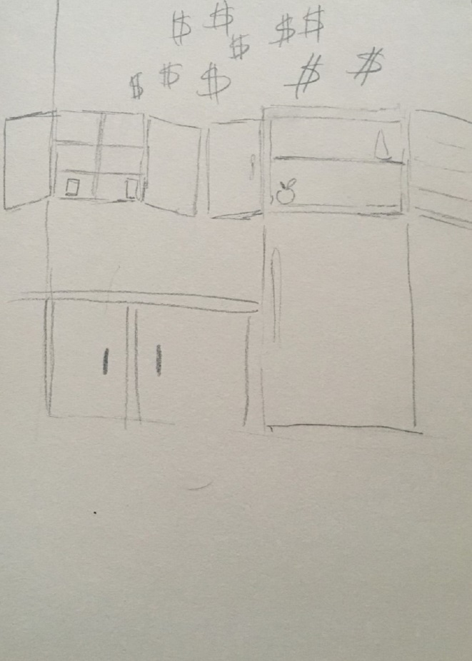 a simple sketch of a kitchen with many dollar signs floating above the empty cabinets and fridge