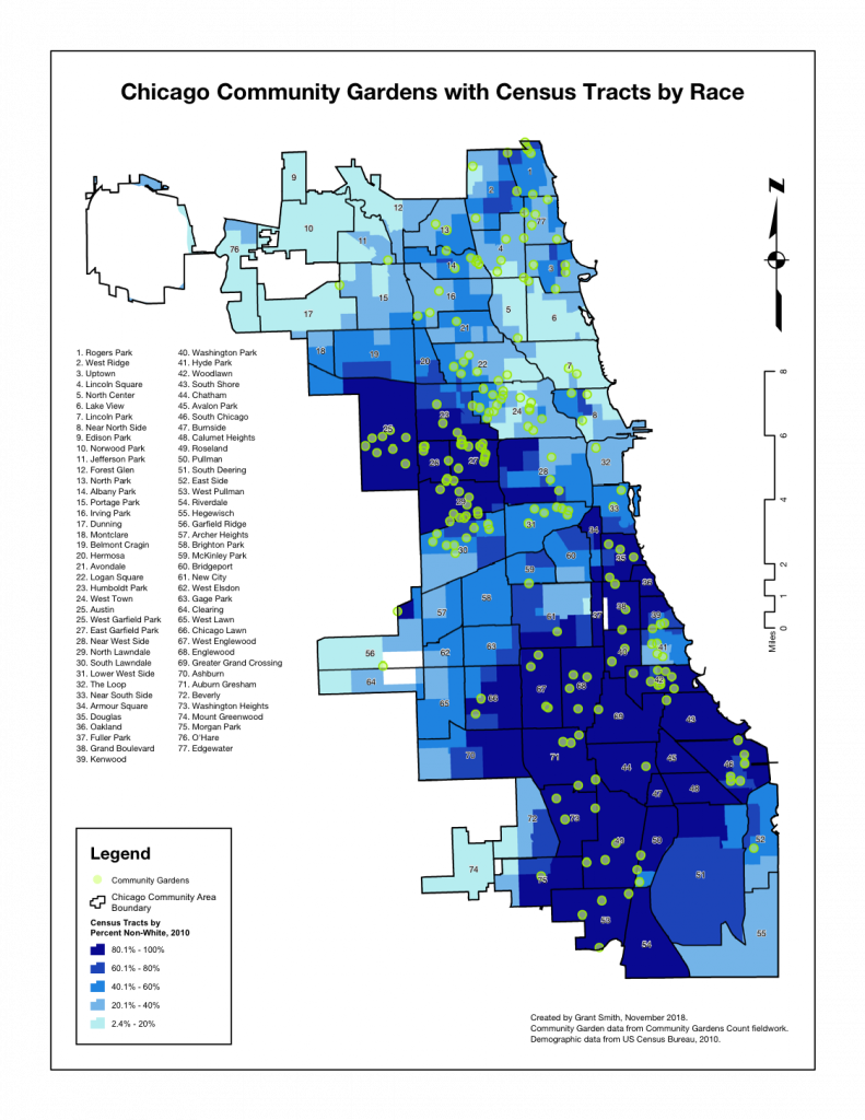 map of Chicago showing community gardens and racial demographics
