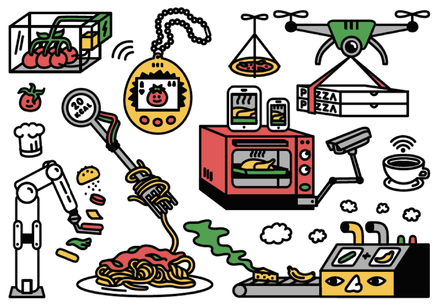 illustrations representing a variety of food futures