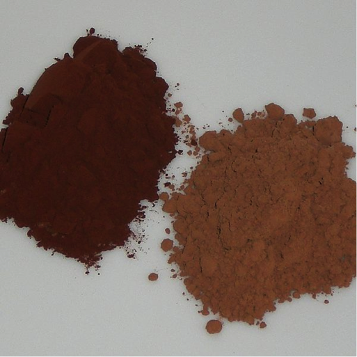 Two piles of cocoa powder. The dutch process cocoa is much darker brown than the natural process cocoa.