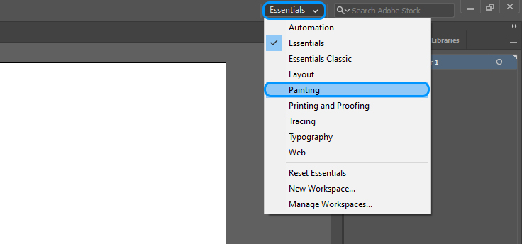 Screen captured image that show how to change the workspace from Essentials to Painting