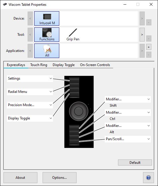 It shows the Wacom Tablet Properties panel to change the Tablet settings.