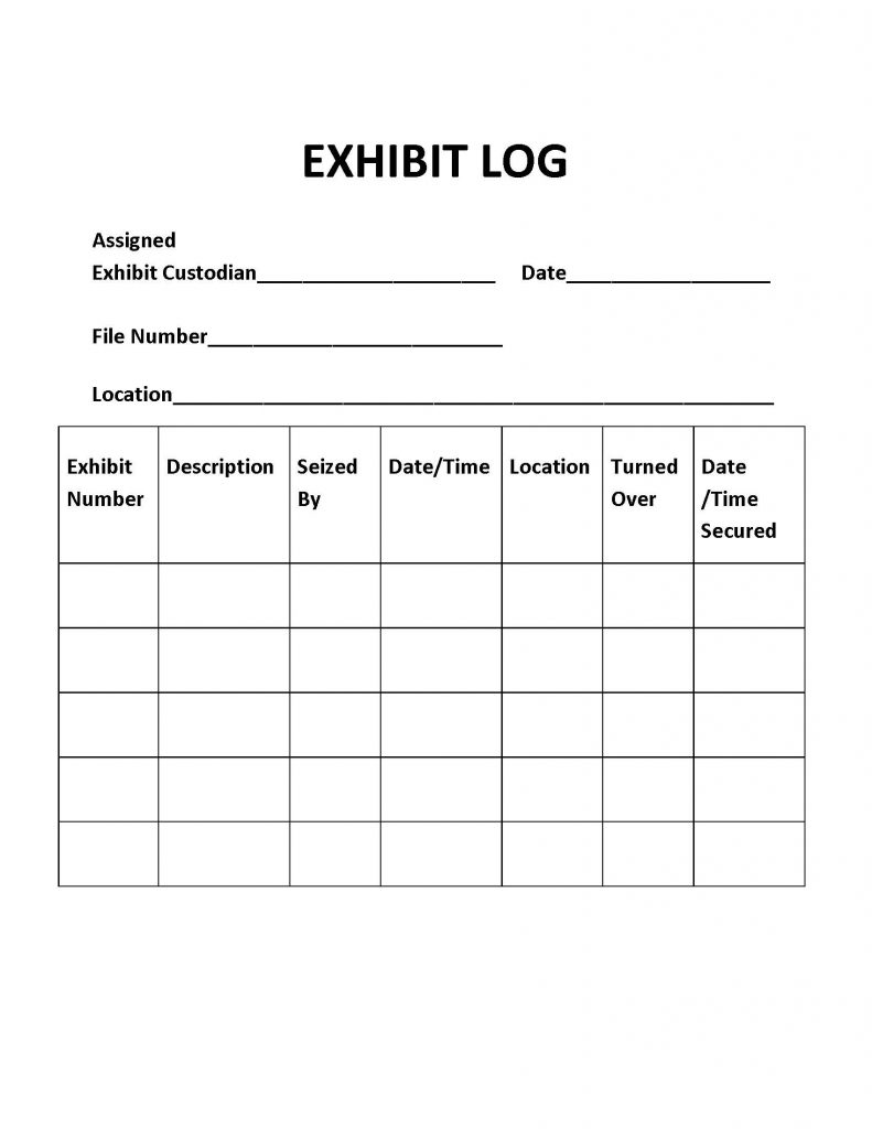 Sample exhibit log. Long description available.