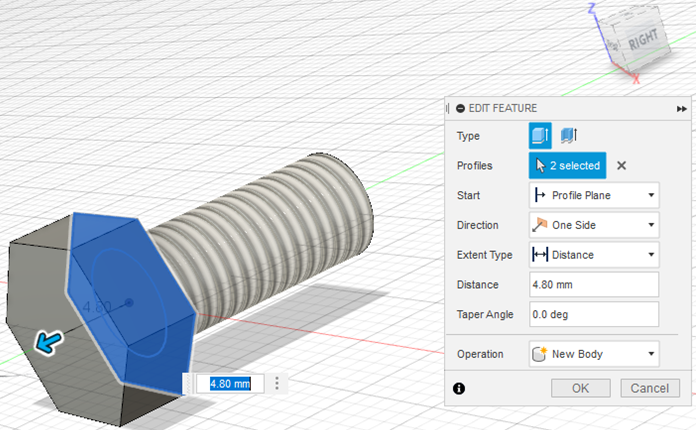 Step 7 - extrude the head of the hex bolt.