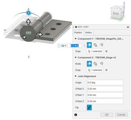 Hinge Pin step 6 - create rigid joint between pin and hinge pieces.