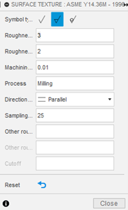 Surface finish dialog box