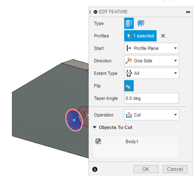 extrude cut the circle to form a hole