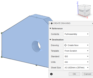 Solid model with open drawing dialog box