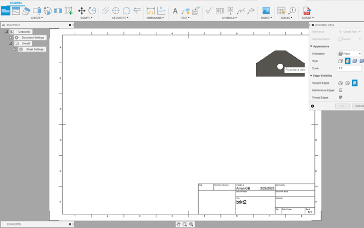 Screenshot of the drawing tab with the imported solid model