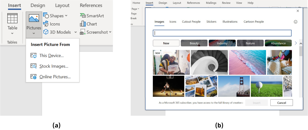 (a) Pictures button is selected; opens to options to Insert Picture From: This Device, Stock Images, Online Pictures. (b) Images tab is selected on pane. Category tabs/image options populate the window.