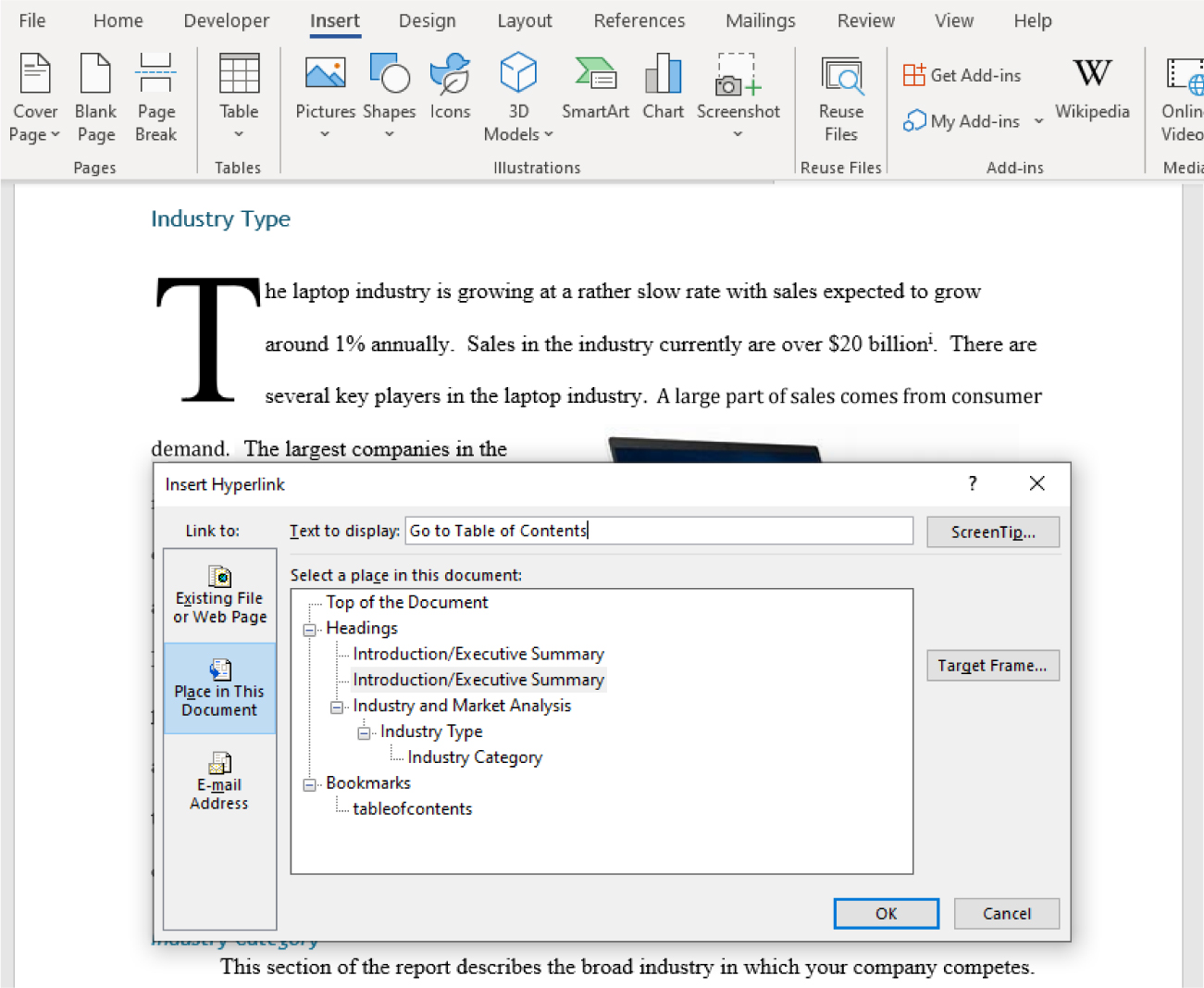 Insert Hyperlink lists options to Link to Existing File or Web Page, Place in This Document, E-mail Address. Text to Display and Select a place in this document are available with options.