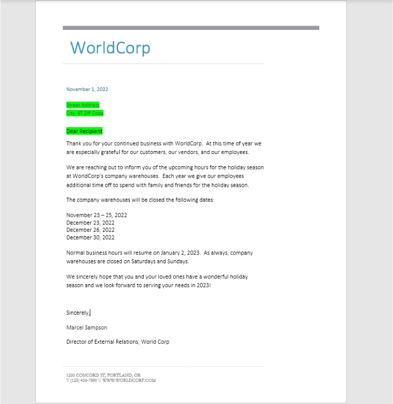 A form letter template displays a gray line across the top and WorldCorp in large font below. Address and salutation are highlighted green. The letter is in business letter format.