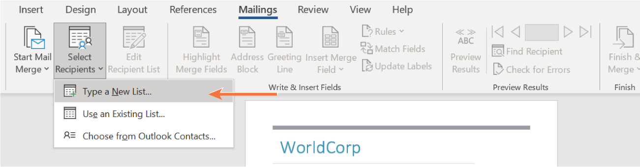 Select Recipients is selected and opens to options for selection: Type a New List (selected), Use an Existing List, and Choose from Outlook Contacts.