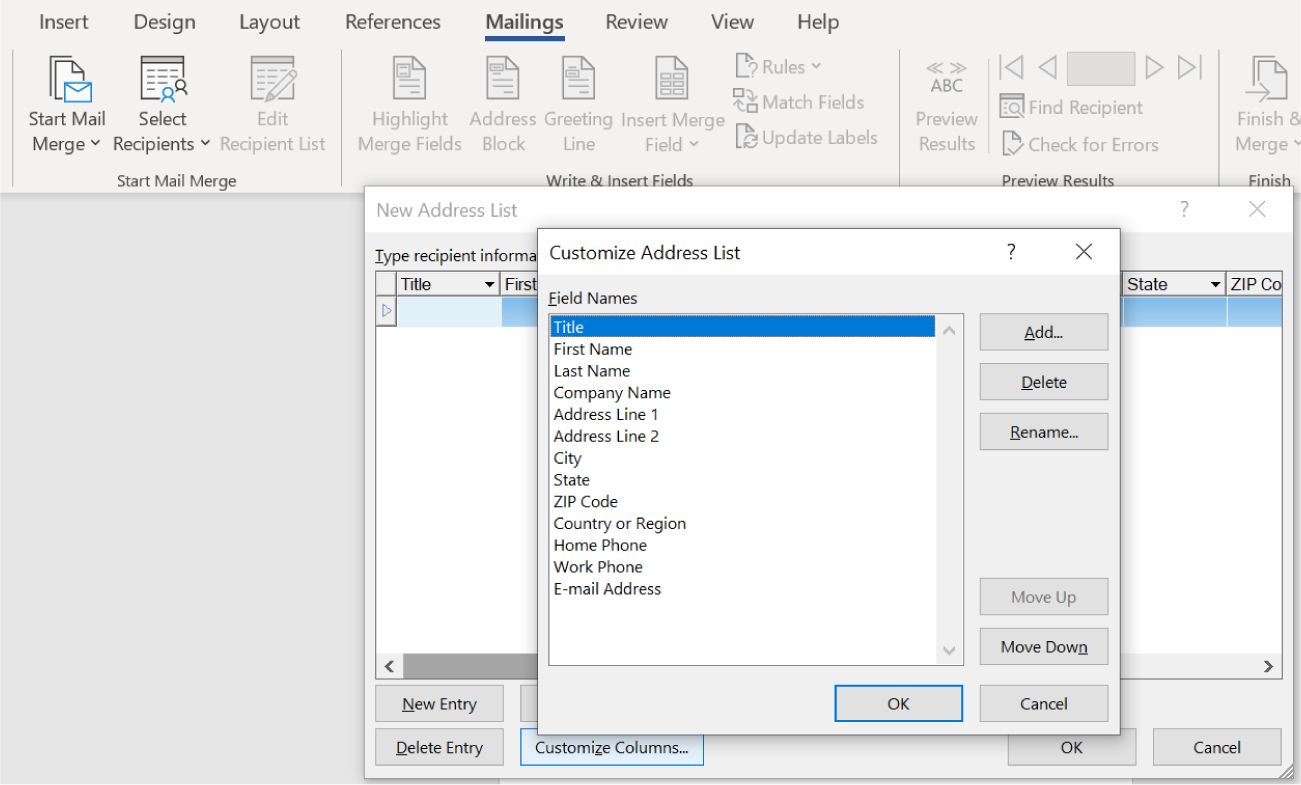 A Customize Address List pane displays options for Field Names (Title is selected). Add, Delete, Rename, Move Up and Move Down buttons are available.
