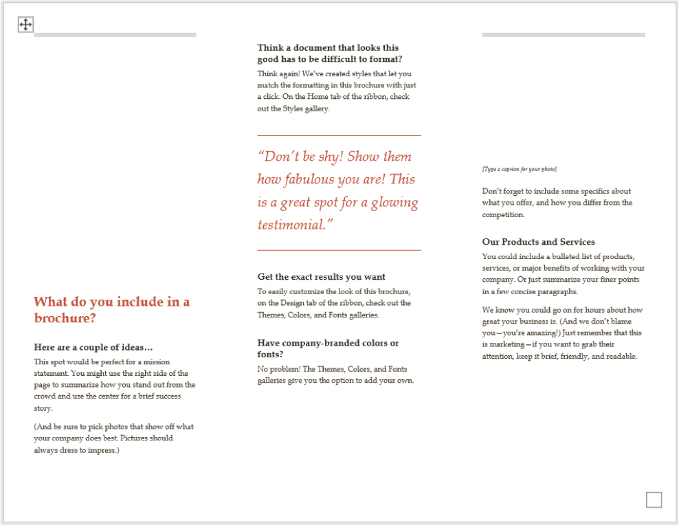 A tri-fold brochure is shown. Each column is formatted with headings and space for text. There is space for a quote in the middle column.