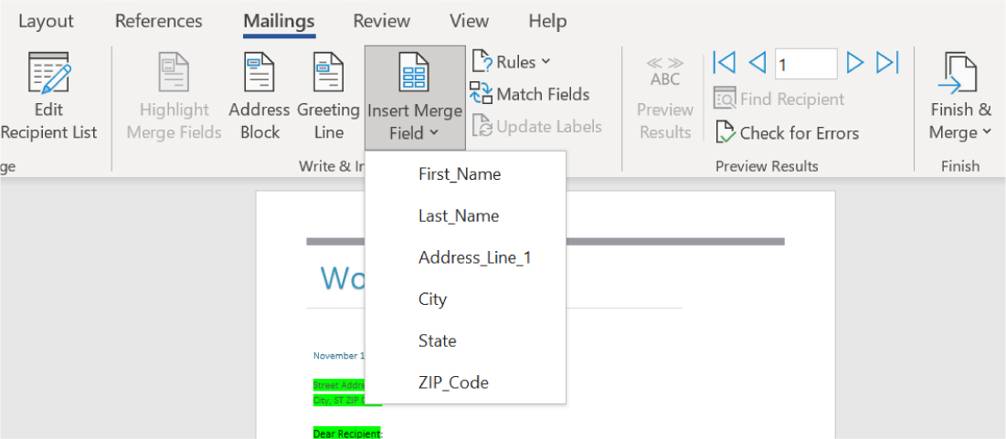 Mailings tab is selected. In the Write & Insert Fields command group, Insert Merge Field is selected. The drop-down lists these options for selection: First_Name, Last_Name, Address_Line_1, City, State, and ZIP_Code.