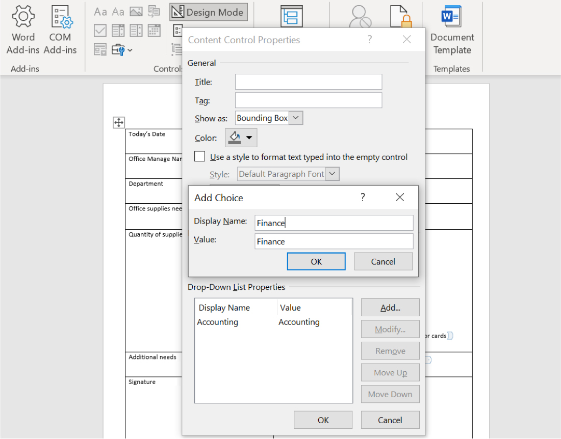 Add Choice pane is visible displaying options for Display Name (space to fill in information; Finance is selected) and Value (space to fill in information; Finance is selected).