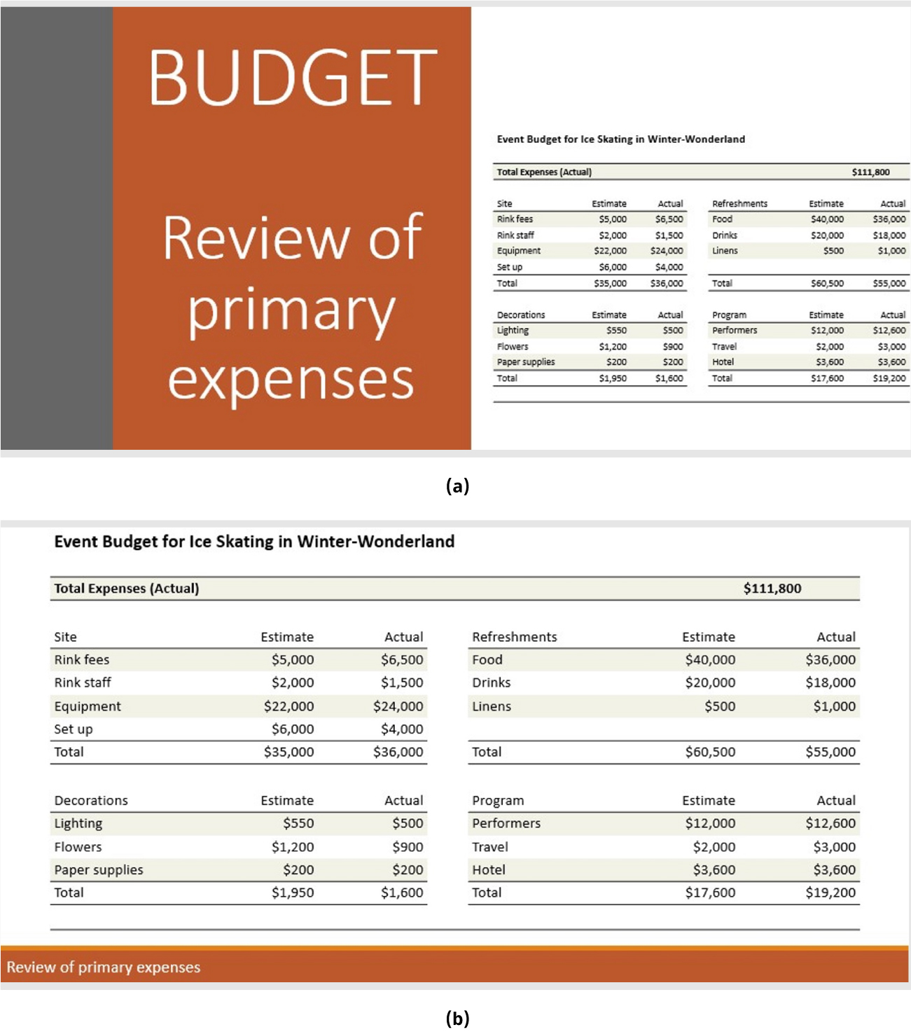 A (a) budget sheet in small font at the right with a large image at the left and (b) the same budget sheet in larger font with small graphics along the bottom.
