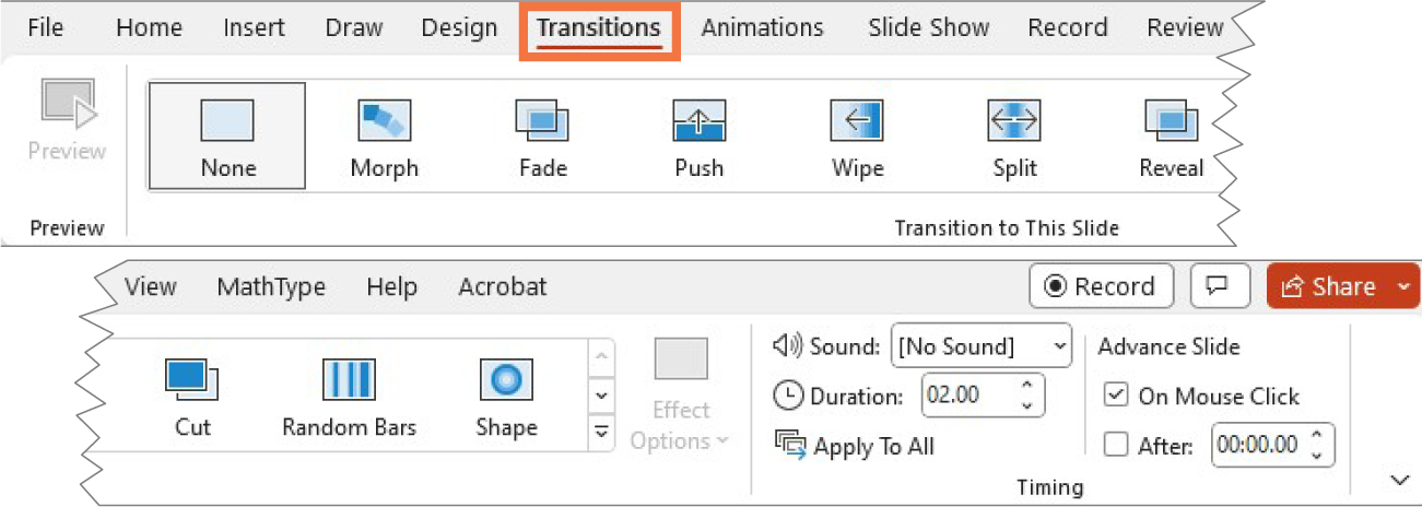 An image of a PowerPoint ribbon with the Transitions feature selected.