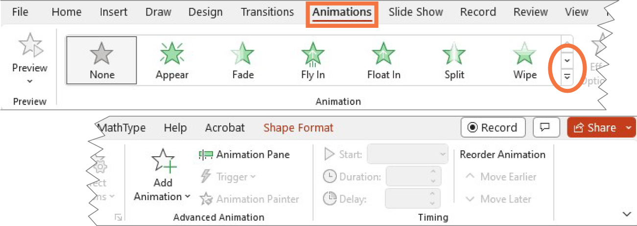 The Animations tab is shown. It identifies the scrolling feature for different animations and a close-up of the Shape Format options.