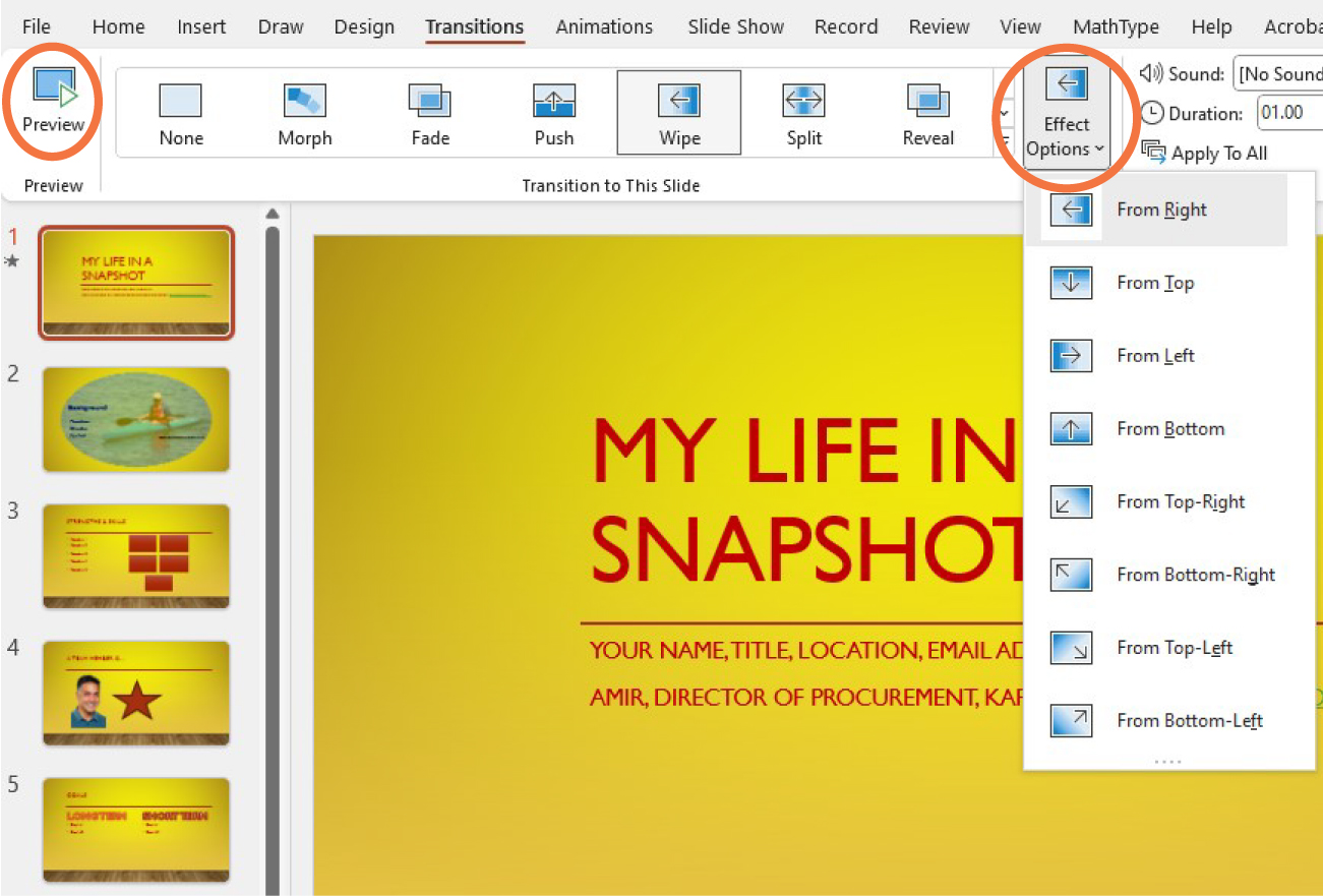A PowerPoint screen is open to the Transitions tab with the Effect Options menu open and the Preview feature selected.
