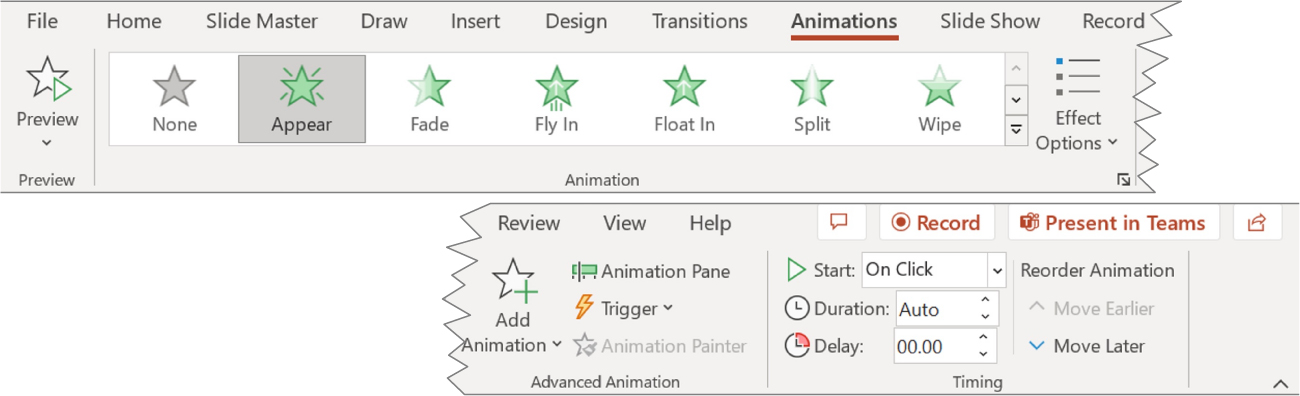 A screenshot of the Animations ribbon tab is shown. The Appear option is selected and there is a close-up of the Animation Pane.