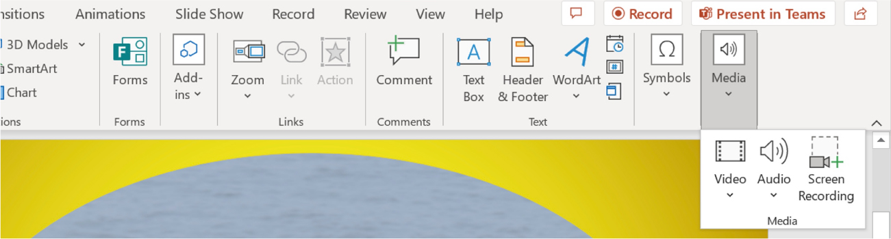 A screenshot of the tools in PowerPoint is shown with the Media option selected.