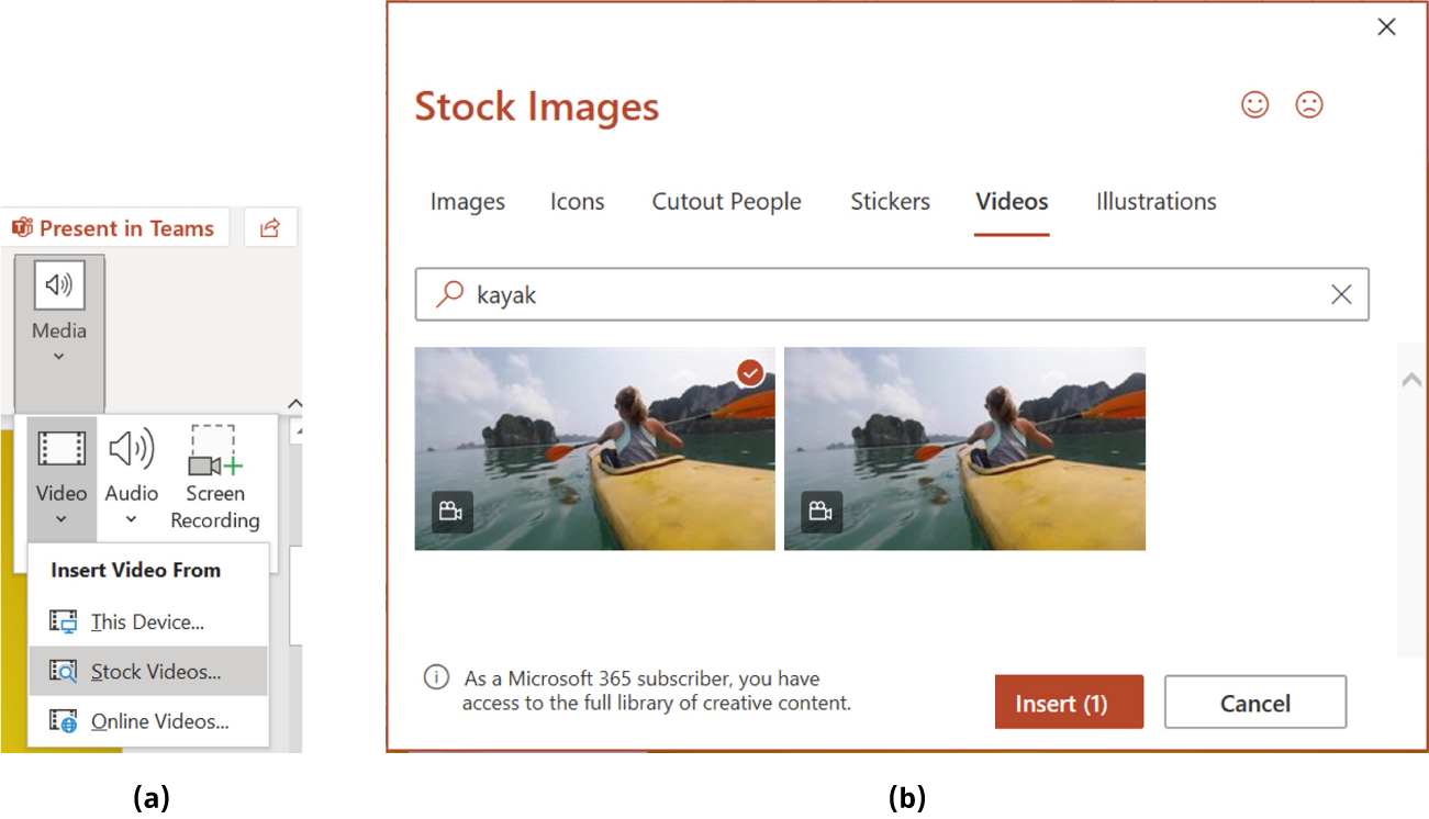 Image A is a screenshot close-up of the Media button and features. Image B shows the Stock Images search feature with the Video option selected.