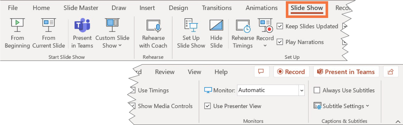 A screenshot of the tool ribbon with the Slide Show tab selected is shown.