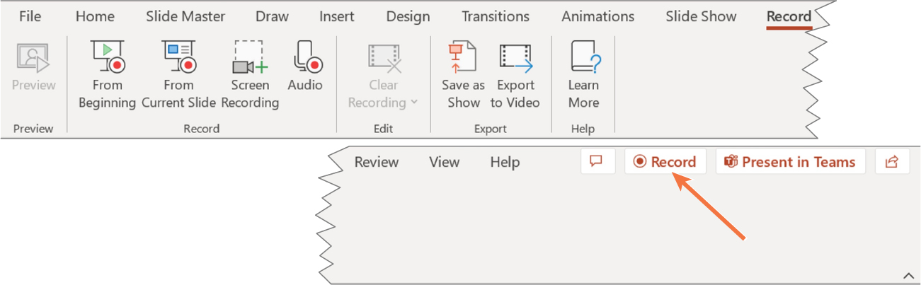 A screenshot of the tools ribbon with the Record tab selected is shown. There is an arrow pointing to the Record button.