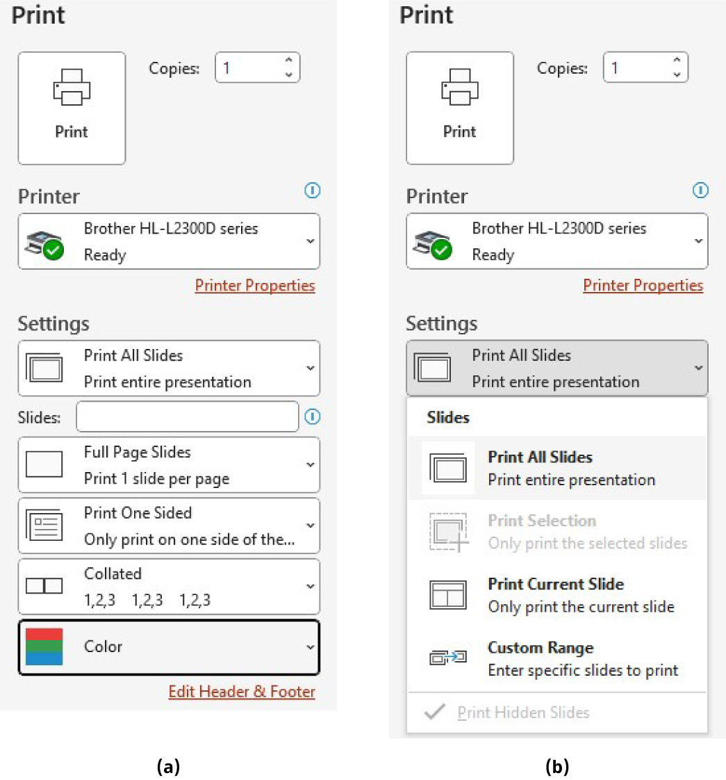 Image A shows a screenshot of the print options. Image B shows the same print options with the Print All Slides feature selected.