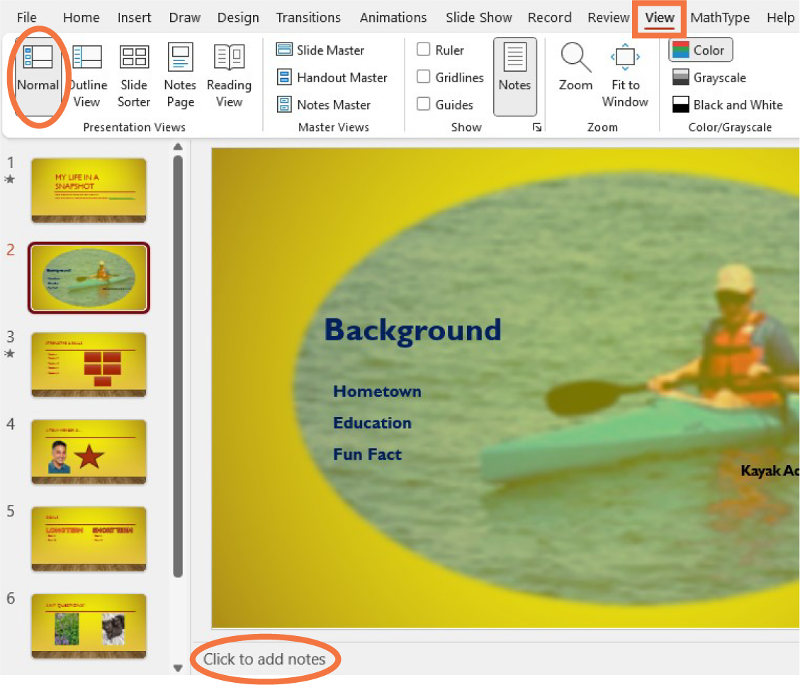 A PowerPoint screen with the View tab open and the Normal option selected is shown. The Click to add notes feature at the bottom of the screen is circled.