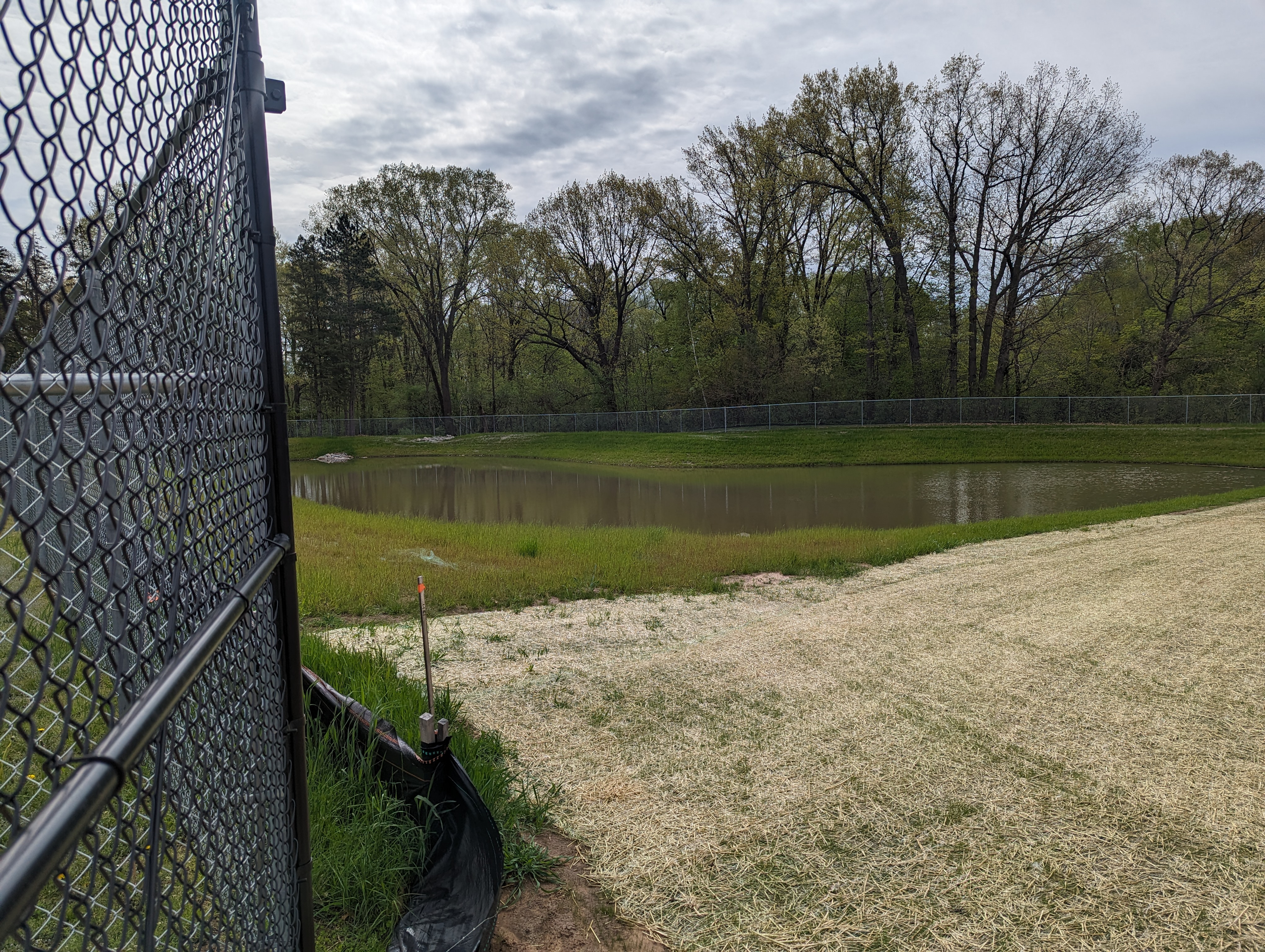 Erosion mat coverage of reseeded construction area near a stormwater pond.