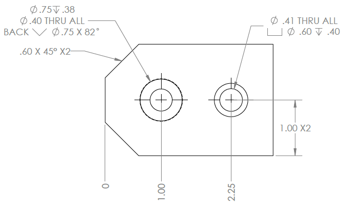 The base part has a corner chamfer whose dimensions of .60 by 45 degrees times two is connected with a leader line to the chamfer.