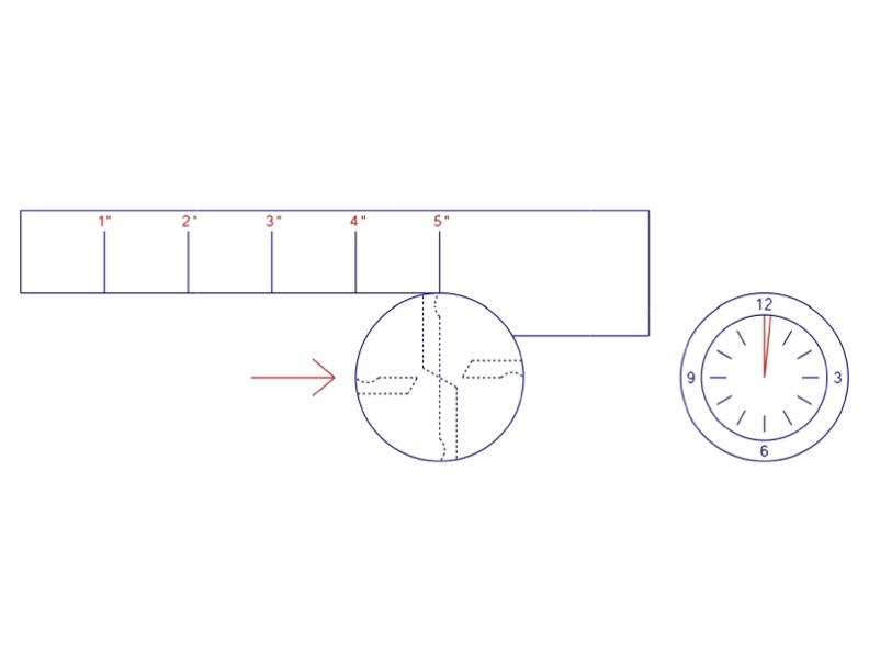 On the left, the end of an end mill is shown from a top down view, indicating the distance traveled along a workpiece in inches. On the right is a clock showing one minute of time.