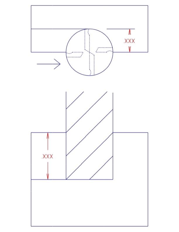 On top, the end of an end mill is shown engaged in the work, from a top down view, indicating the radial depth of cut in thousandths of an inch. On bottom, the side of an end mill is shown engaged in the work, from a front view, indicating the axial depth of cut in thousandths of an inch.