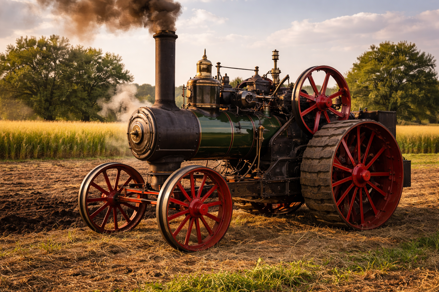 Steam-powered tractor with red wheels and green body, set in a field with crops and trees in the background.