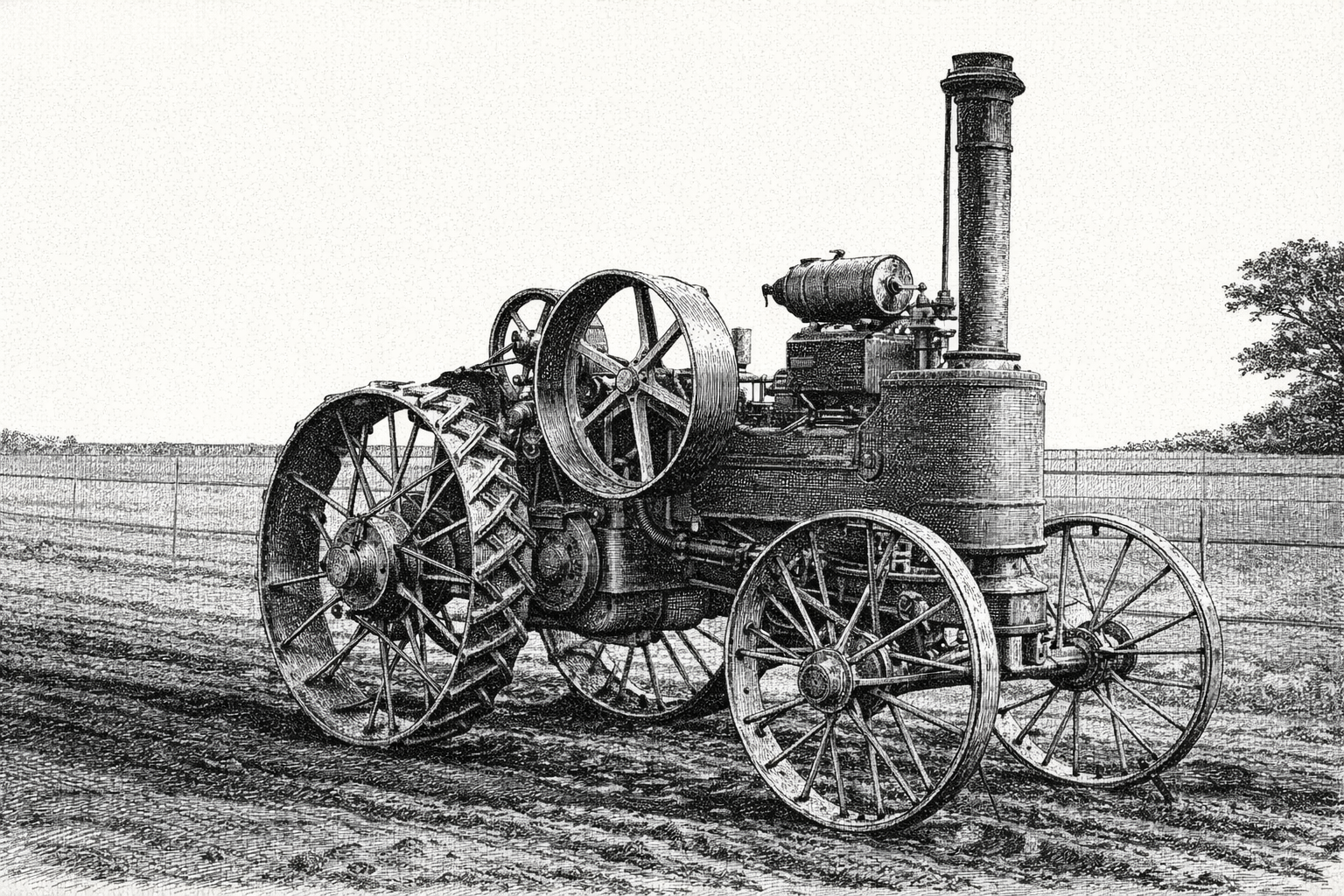 Illustration of a vintage gasoline tractor with large wheels, set against a rural landscape and plowed fields.