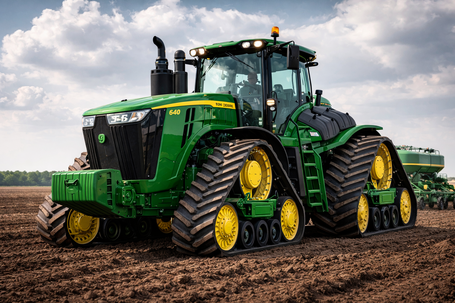 A large green and yellow tracked tractor is working in a plowed field under a cloudy sky.